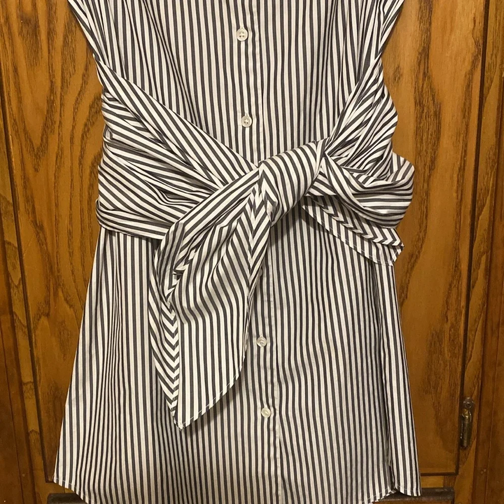 FRAME Cotton Sleeveless Striped Button Down Dress Tie Waist Shirt Dress SMALL - Picture 5 of 11